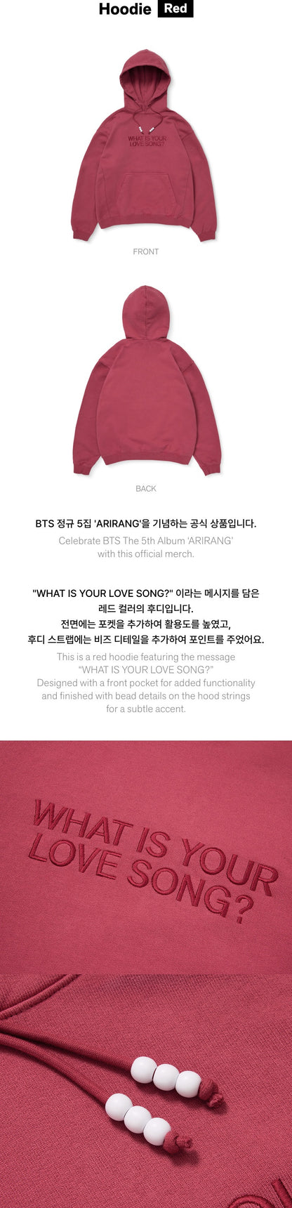 BTS - 5th Album [ARIRANG] Official Merch (Hoodie Red L Size)(POB Photocard Included).