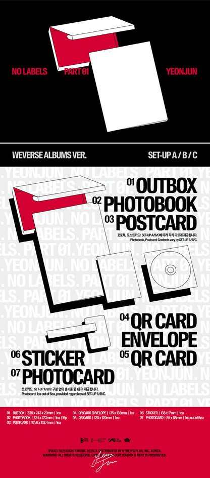 (PRE-ORDER 2025-11-07) YEONJUN (TXT) - [NO LABELS: PART 01] Weverse Albums Version (3 Versions) Random 1ea