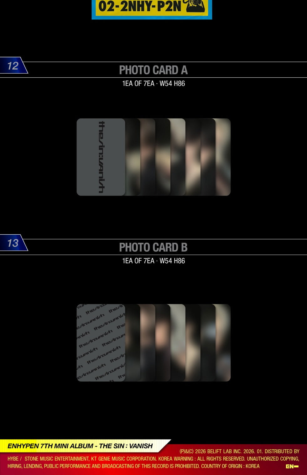 (PRE-ORDER 2026-01-26) ENHYPEN - 7th Mini Album [THE SIN : VANISH] (3 Versions) Random 1ea (POB - Photocard 1ea Pre-order only)