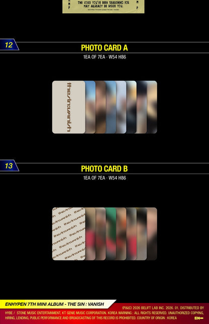 (PRE-ORDER 2026-01-26) ENHYPEN - 7th Mini Album [THE SIN : VANISH] (3 Versions) Random 1ea (POB - Photocard 1ea Pre-order only)